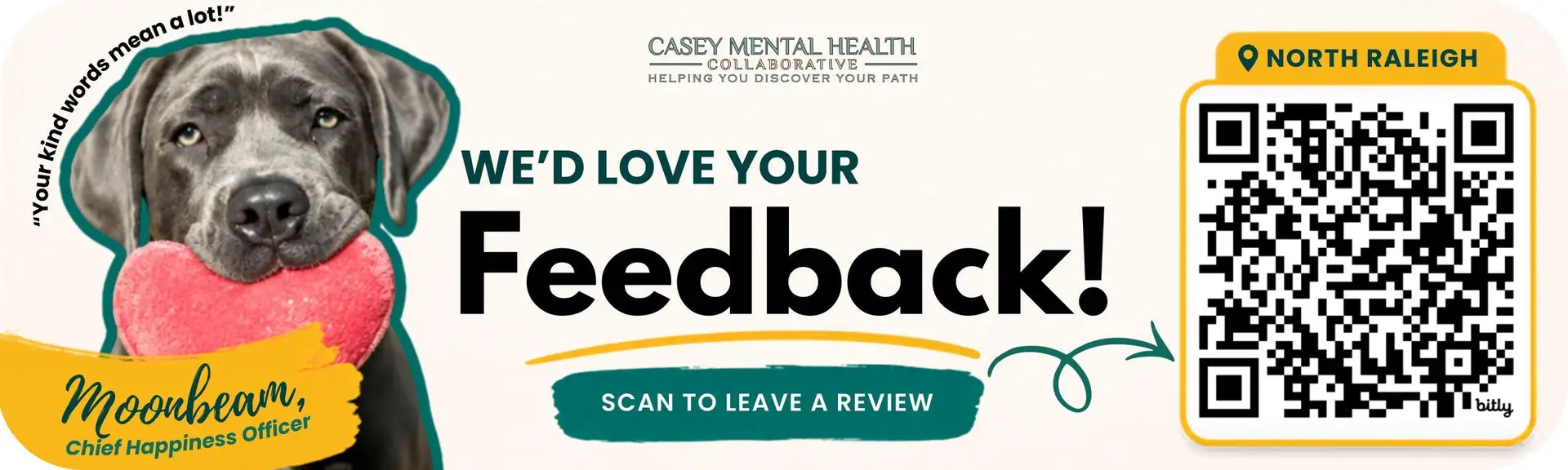 QR code sign inviting clients to leave a review for our Raleigh community mental health clinic after their visit by scanning the code with their phone.